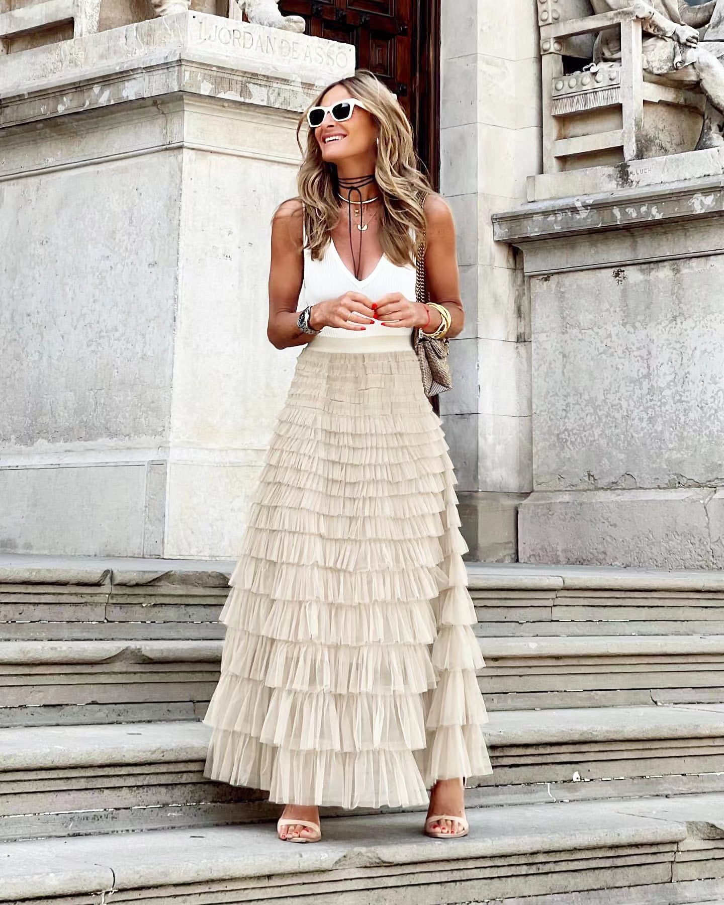 Boho Ruffle Maxi Skirt – Tiered Mesh Long A-Line Skirt for Women