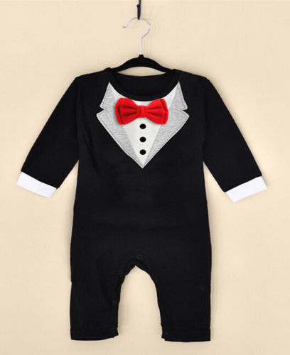 Baby Boy Tuxedo Romper – Formal Long Sleeve Bodysuit with Red Bow Tie