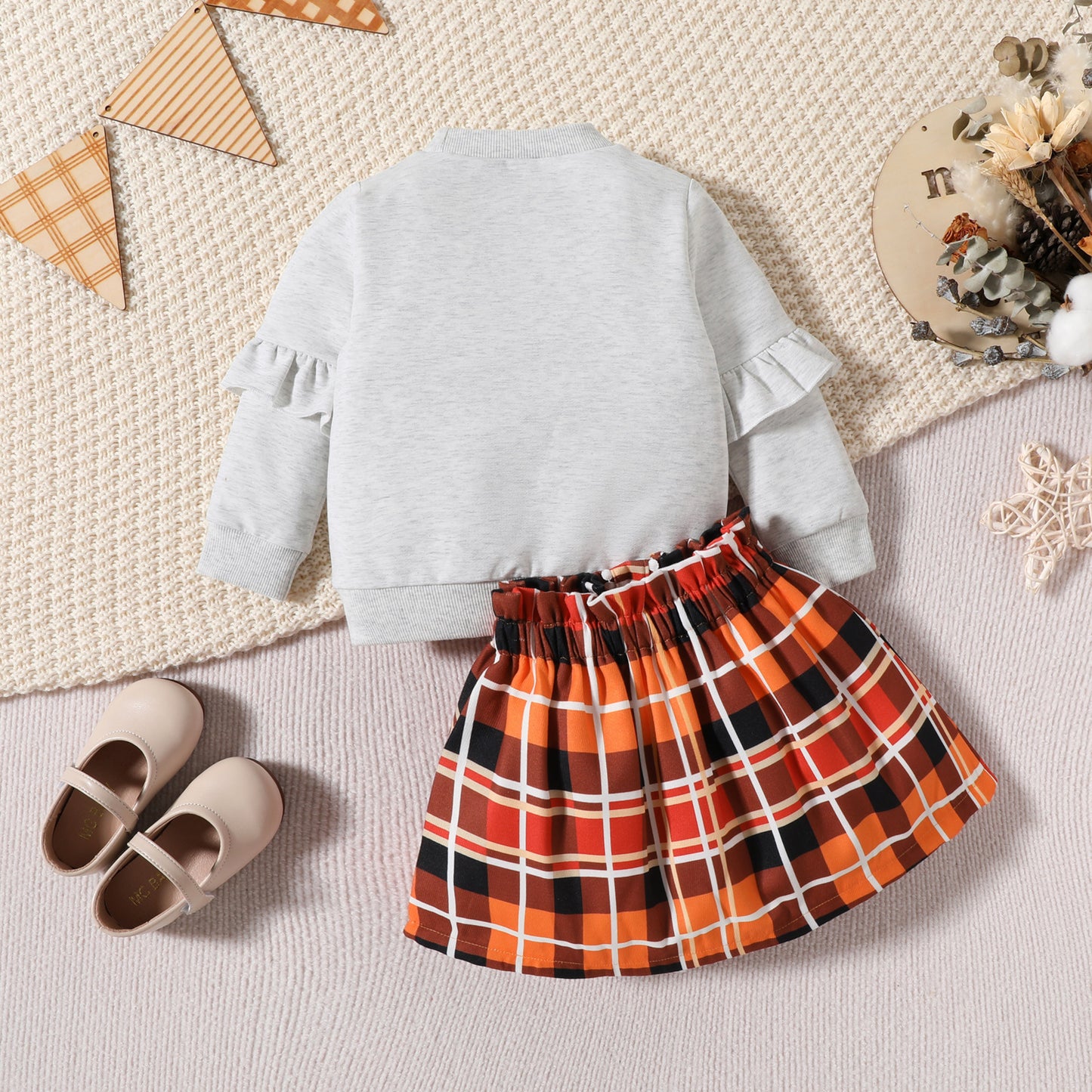 Toddler Girl Fall Outfit – “Thankful Blessed” Sweatshirt & Plaid Skirt Set
