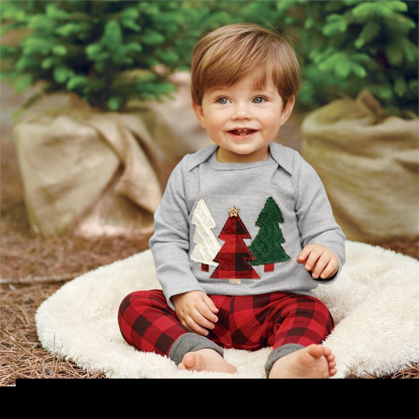 Baby & Toddler Christmas Outfit – Plaid Pajama Set with Tree Applique Top