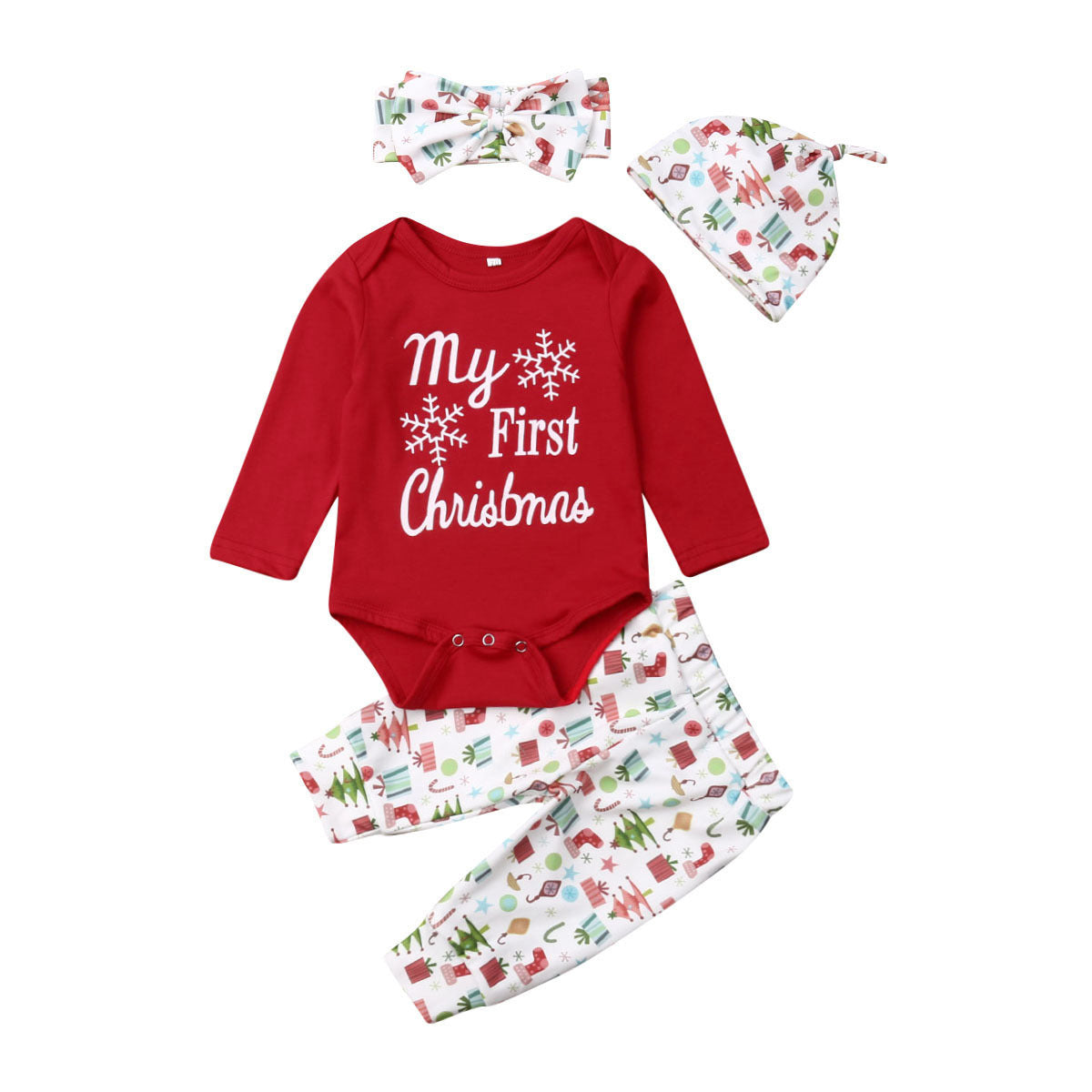Baby “My First Christmas” Outfit – 4pcs Set Romper + Pants + Hat + Headband