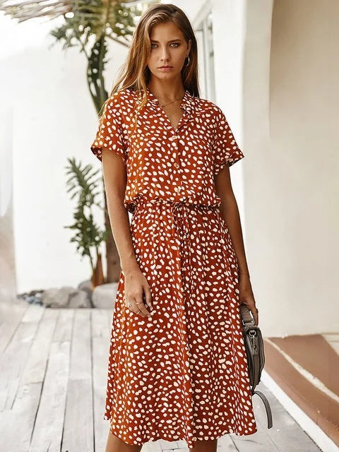 Women’s Autumn Midi Dress – Boho Short Sleeve Rust Red Outfit