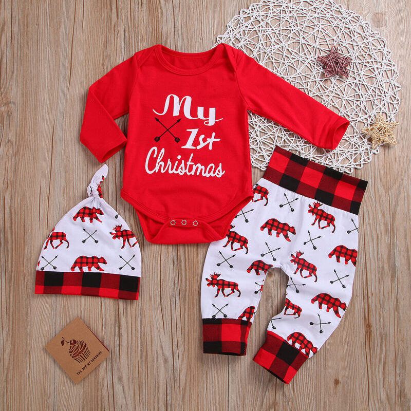 Baby’s 1st Christmas Outfit – 3PCS Holiday Romper, Pants & Hat Set