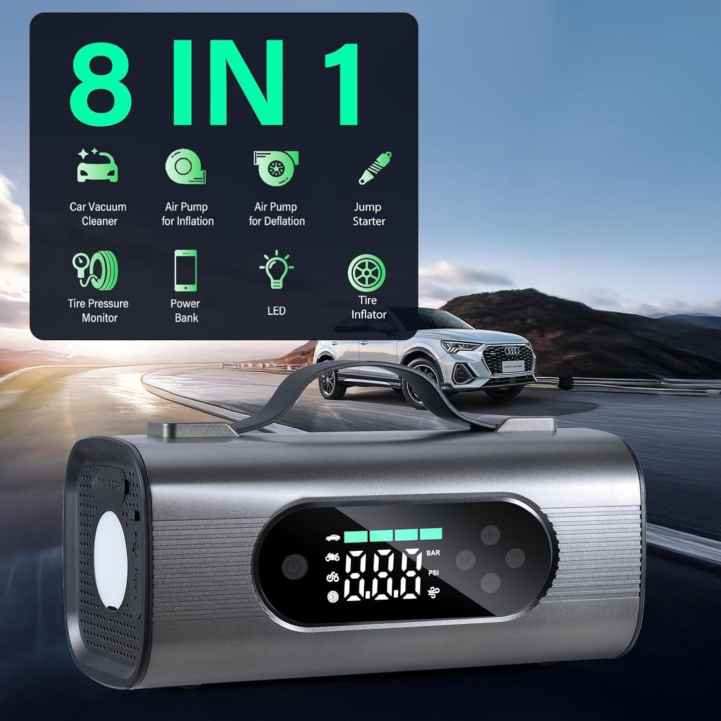 8-in-1 Portable Jump Pack - Compressor, Vacuum, Jump-Start, and More