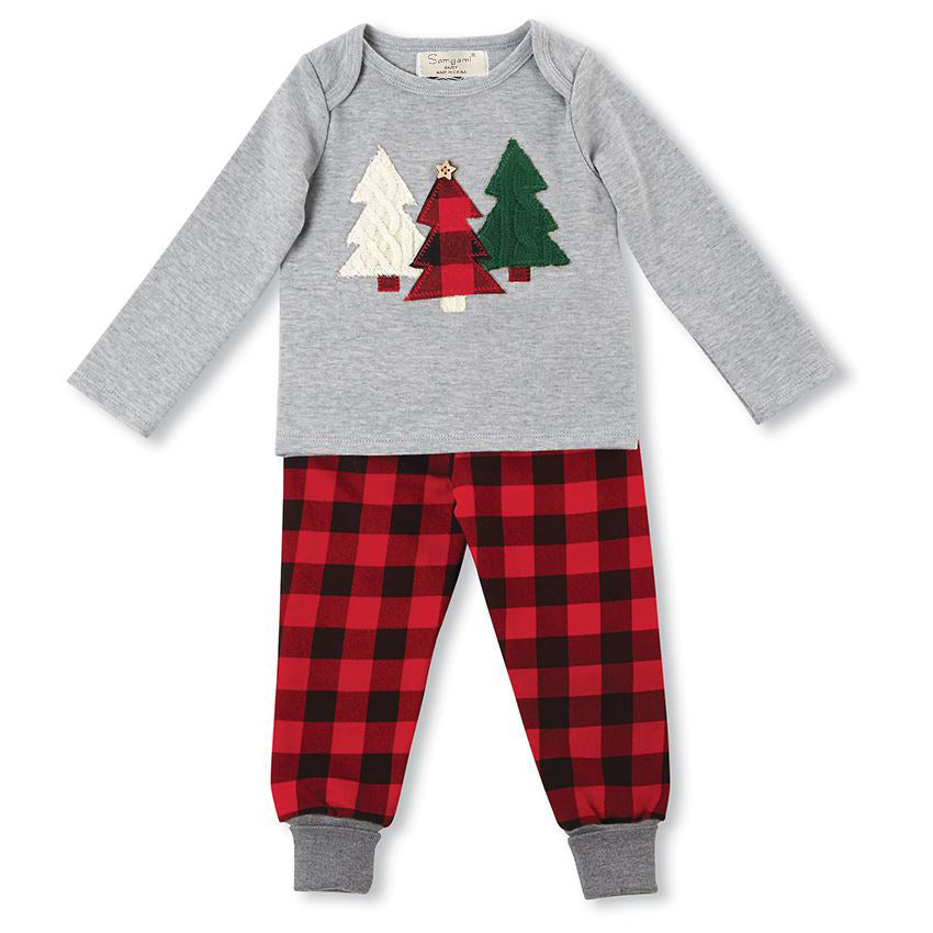 Baby & Toddler Christmas Outfit – Plaid Pajama Set with Tree Applique Top