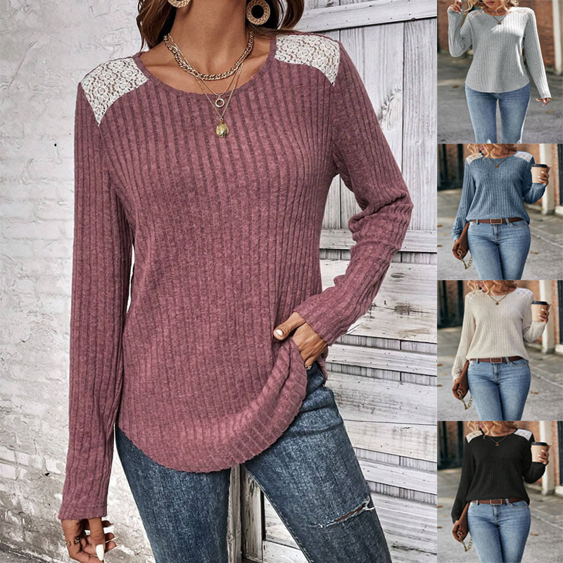Women’s Ribbed Knit Lace Shoulder Top – Round Neck Long Sleeve Pullover