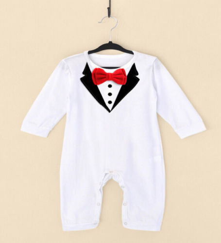Baby Boy Tuxedo Romper – Formal Long Sleeve Bodysuit with Red Bow Tie