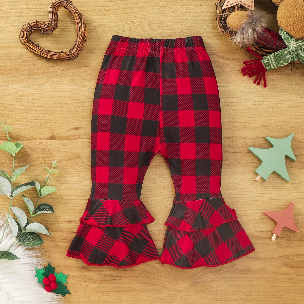 Baby Girl Merry Christmas Outfit – Leopard Reindeer Romper + Plaid Flared Pants + Headband (3pcs Set)