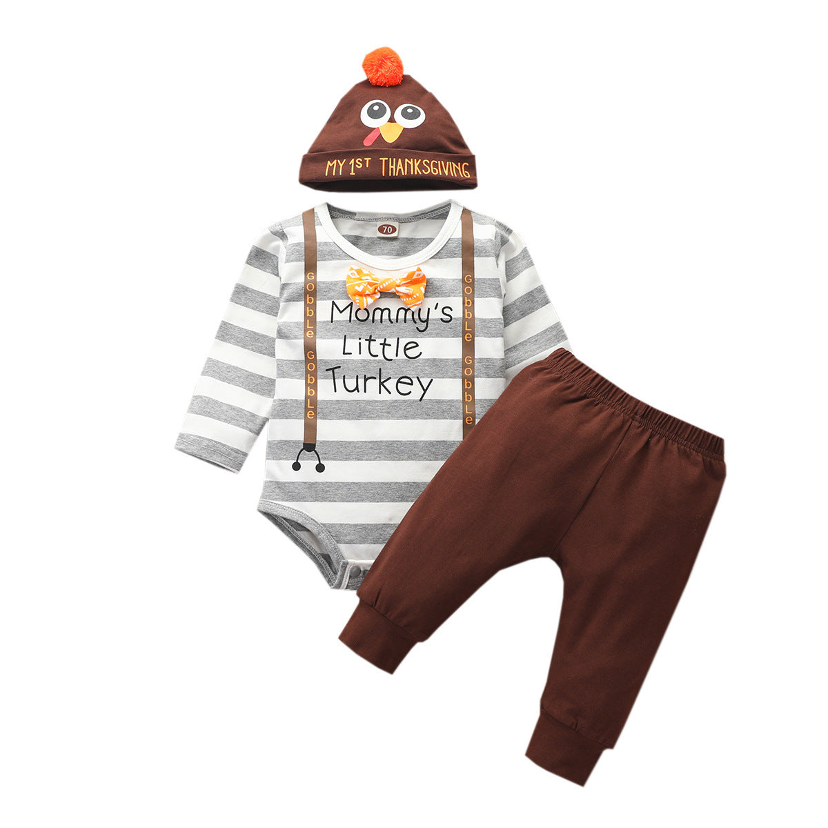 Baby “Mommy’s Little Turkey” Thanksgiving Outfit – 3pcs Romper + Pants + Hat Set