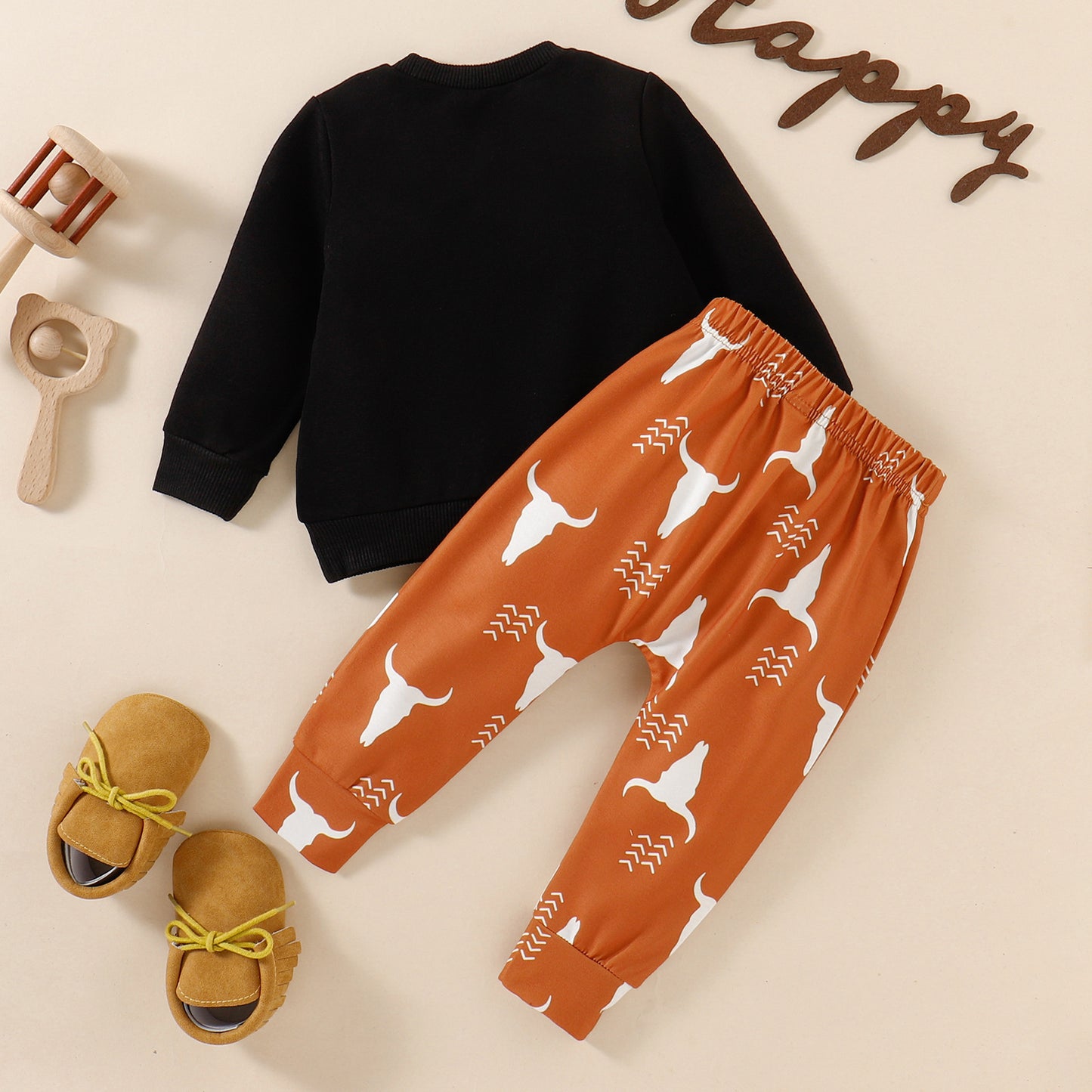 Farm Baby Outfit – Cowboy Print Sweatshirt & Bull Skull Pants 2-Piece Set