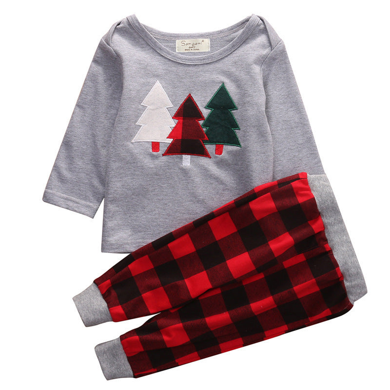 Baby & Toddler Christmas Outfit – Plaid Pajama Set with Tree Applique Top
