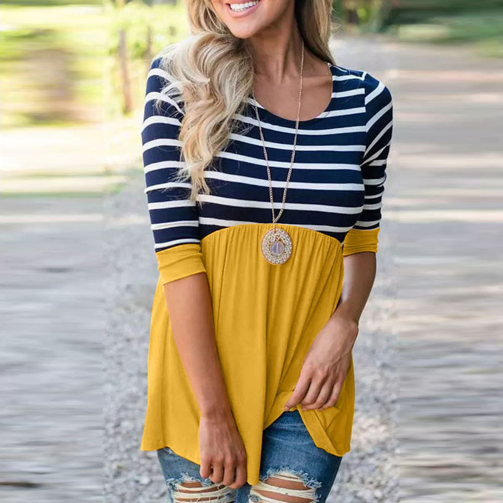 Women’s Casual Color Block T-Shirt – Loose Round Neck Pullover Top