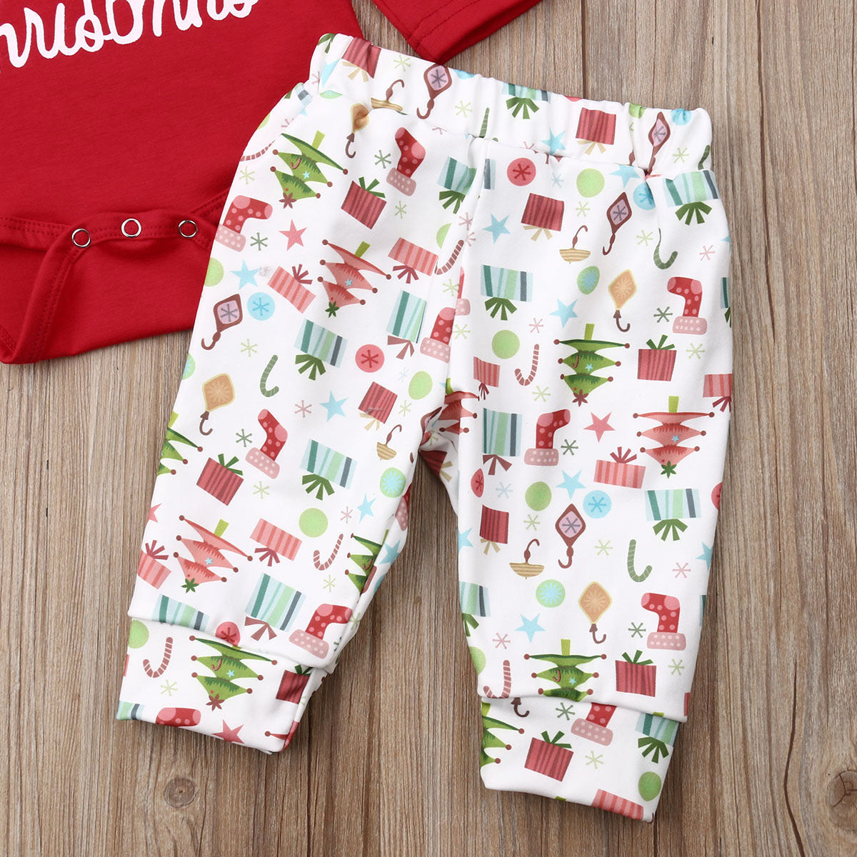 Baby “My First Christmas” Outfit – 4pcs Set Romper + Pants + Hat + Headband