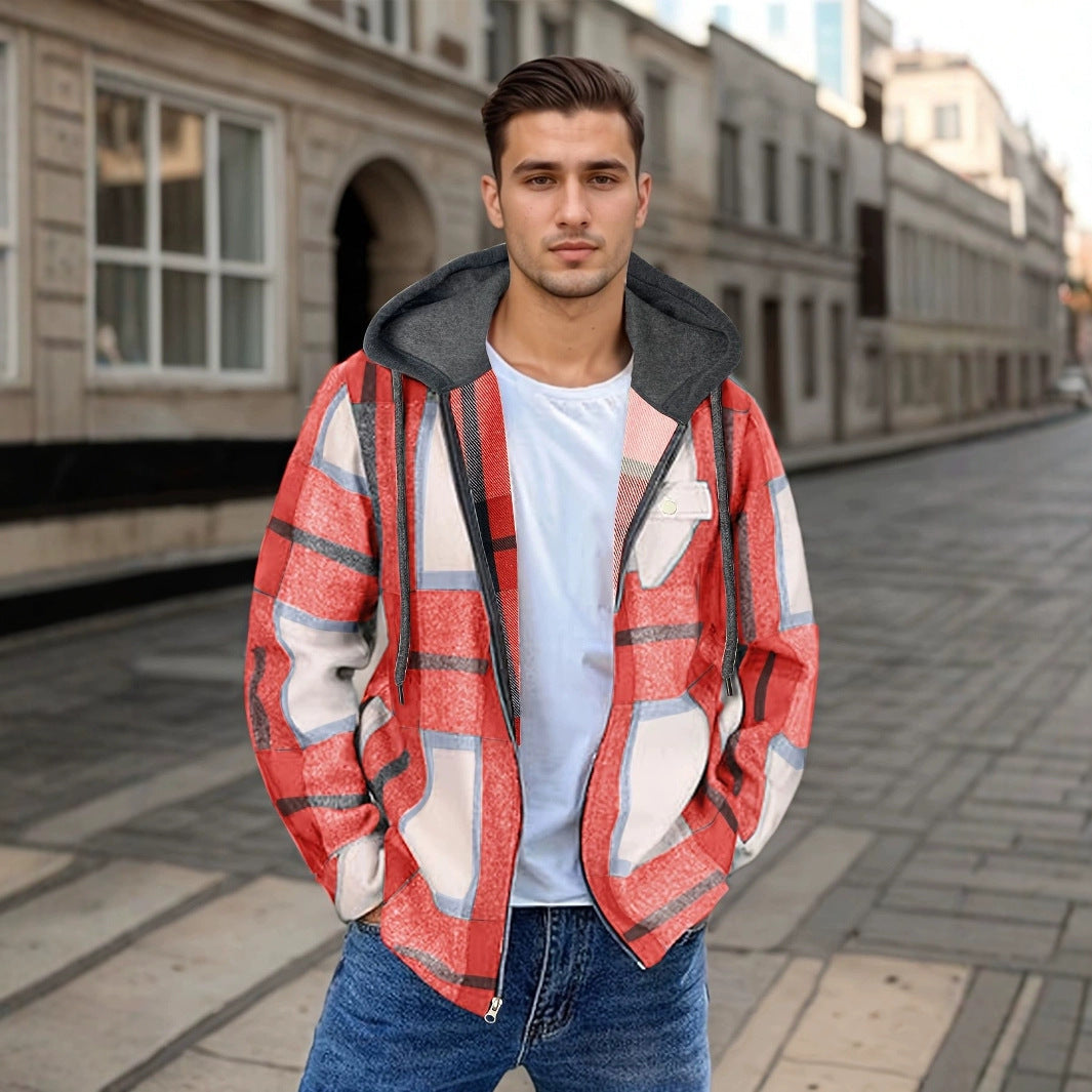 Men’s Plaid Hooded Jacket – Casual Zip-Up Outerwear