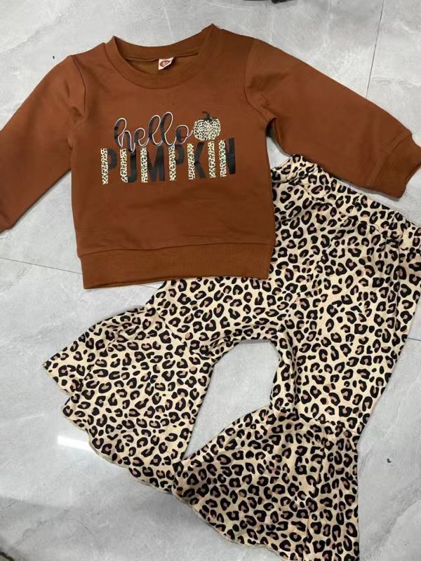 Toddler Girl Fall Outfit – “Hello Pumpkin” Top & Leopard Flared Pants Set