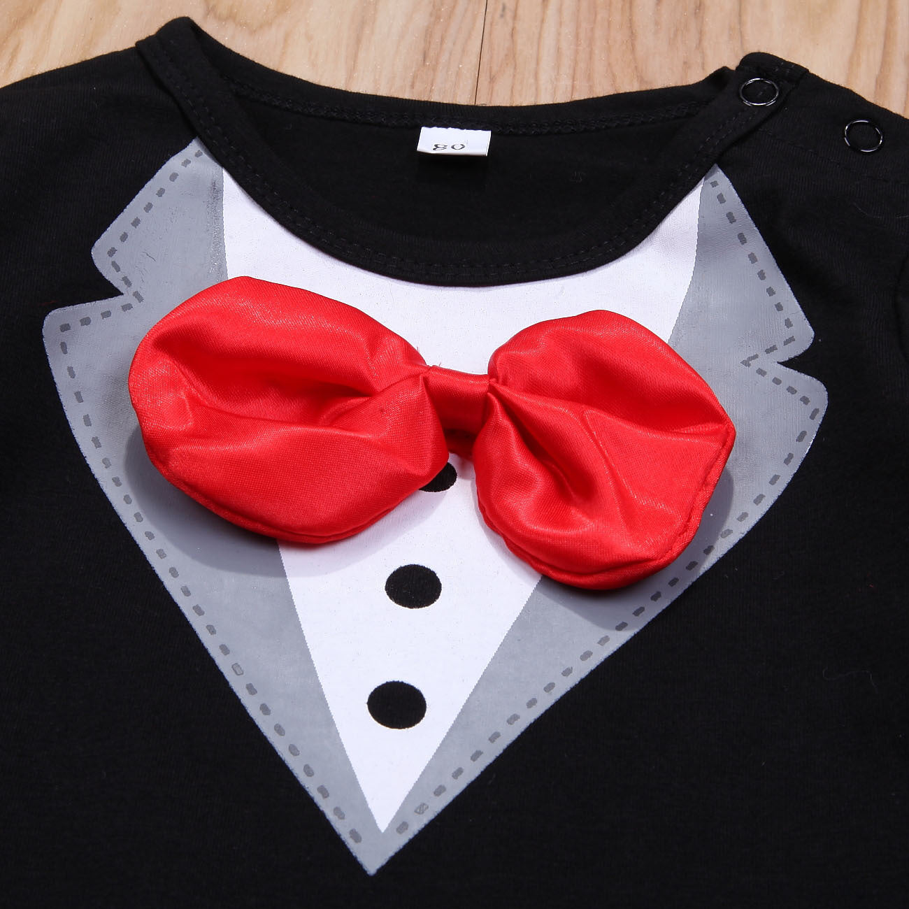 Baby Boy Tuxedo Romper – Formal Long Sleeve Bodysuit with Red Bow Tie
