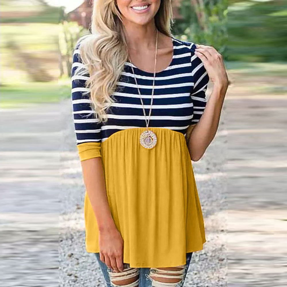 Women’s Casual Color Block T-Shirt – Loose Round Neck Pullover Top