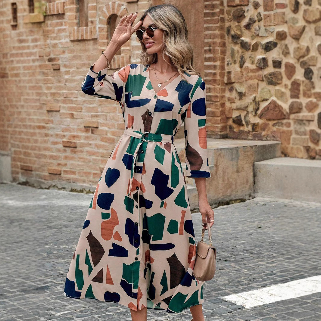Women's V-Neck Printed Belt Dress