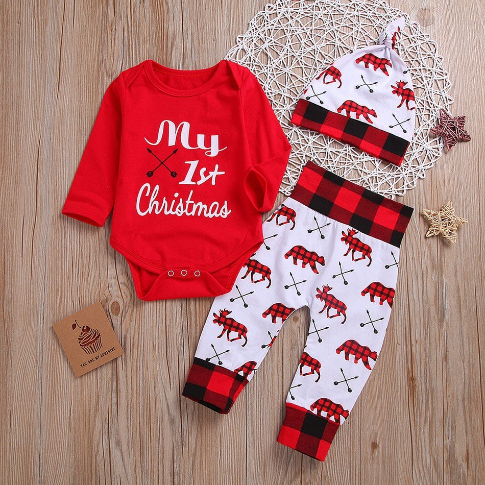 Baby’s 1st Christmas Outfit – 3PCS Holiday Romper, Pants & Hat Set