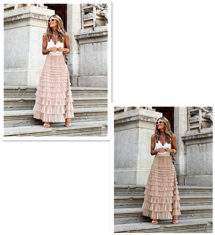 Boho Ruffle Maxi Skirt – Tiered Mesh Long A-Line Skirt for Women