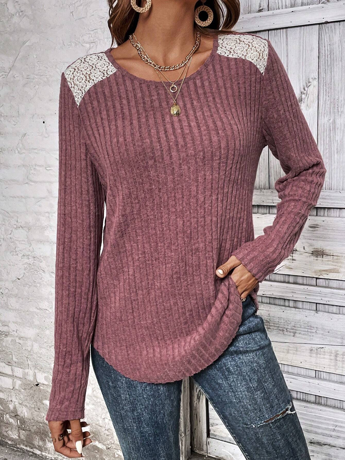 Women’s Ribbed Knit Lace Shoulder Top – Round Neck Long Sleeve Pullover