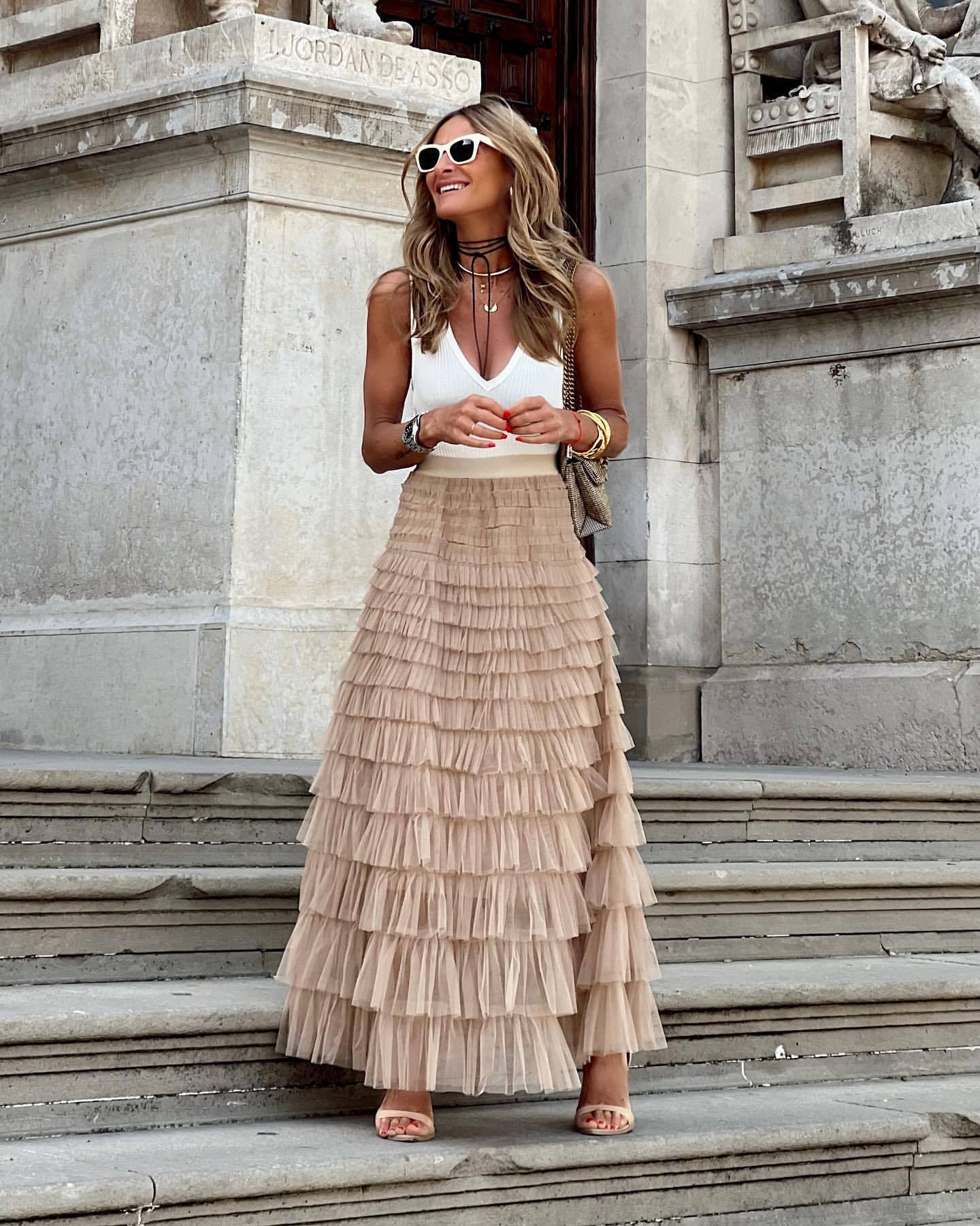 Boho Ruffle Maxi Skirt – Tiered Mesh Long A-Line Skirt for Women