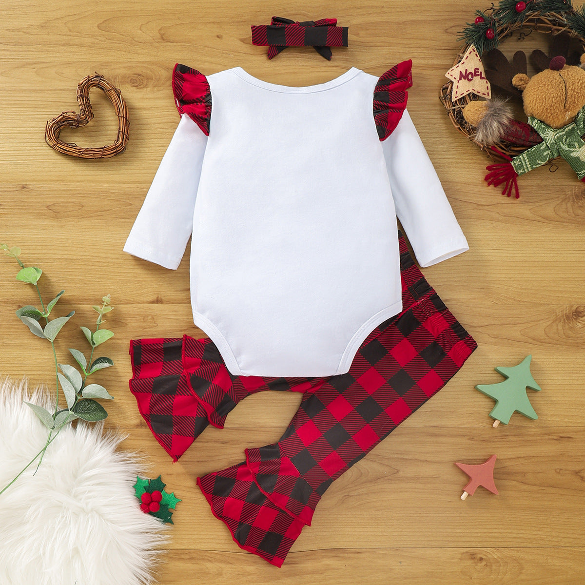 Baby Girl Merry Christmas Outfit – Leopard Reindeer Romper + Plaid Flared Pants + Headband (3pcs Set)