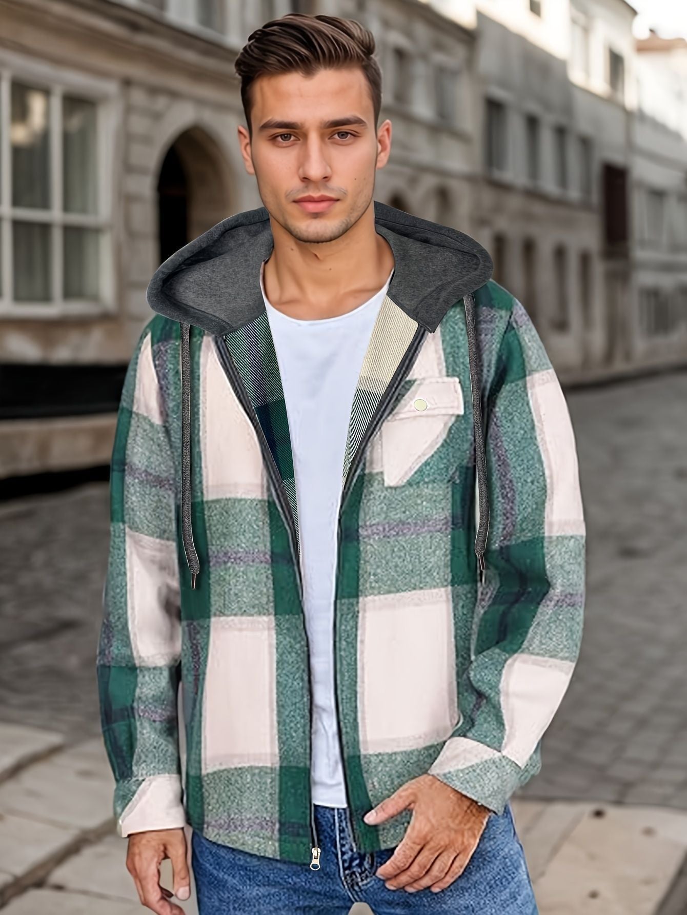 Men’s Plaid Hooded Jacket – Casual Zip-Up Outerwear
