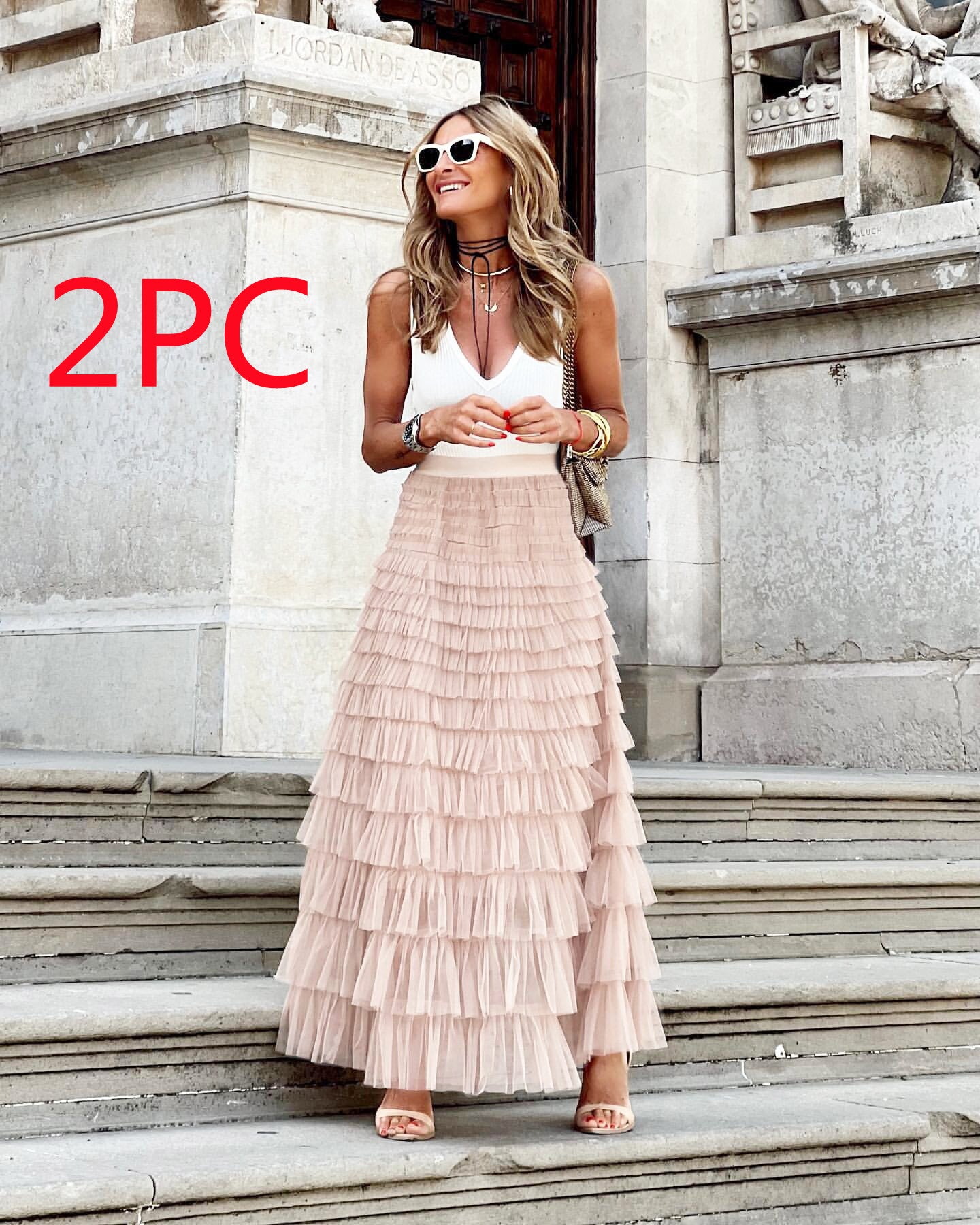 Boho Ruffle Maxi Skirt – Tiered Mesh Long A-Line Skirt for Women