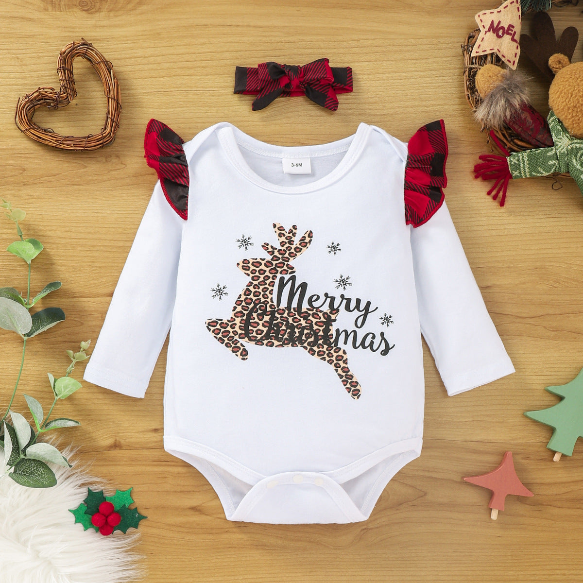 Baby Girl Merry Christmas Outfit – Leopard Reindeer Romper + Plaid Flared Pants + Headband (3pcs Set)