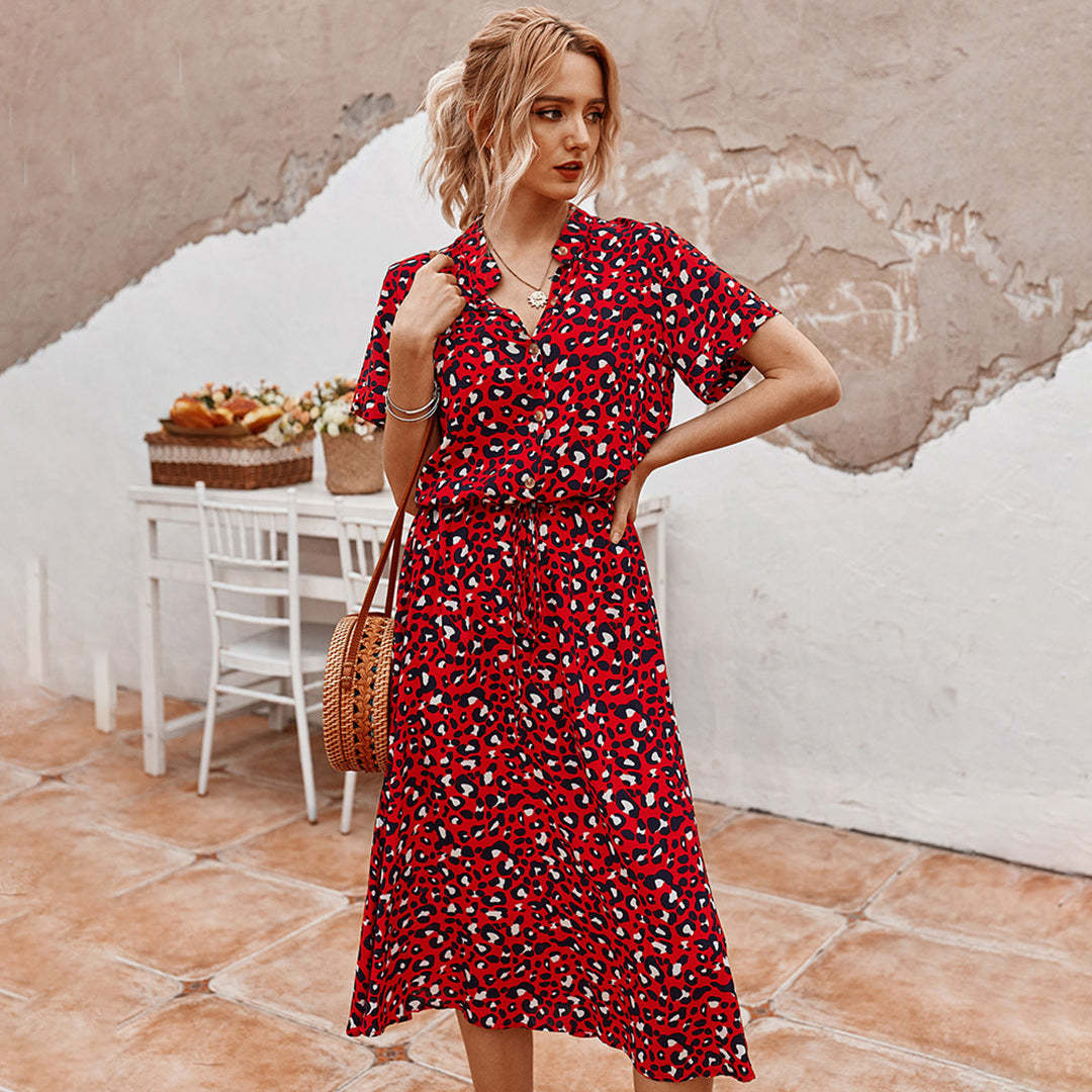 Women’s Autumn Midi Dress – Boho Short Sleeve Rust Red Outfit
