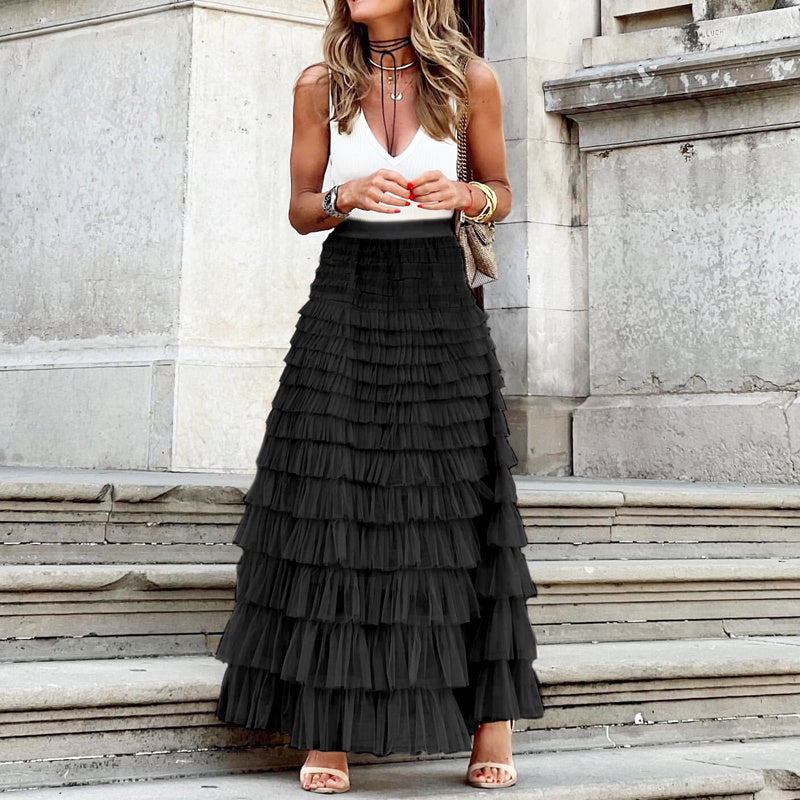 Boho Ruffle Maxi Skirt – Tiered Mesh Long A-Line Skirt for Women