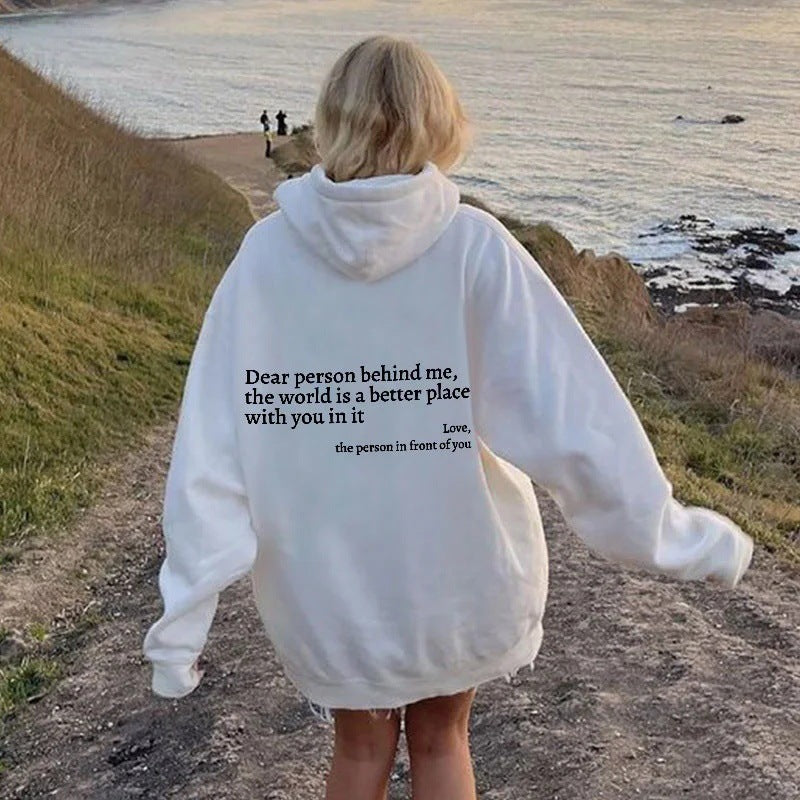 “Dear Person Behind Me” Plush Hoodie – Unisex Letter Print Pullover