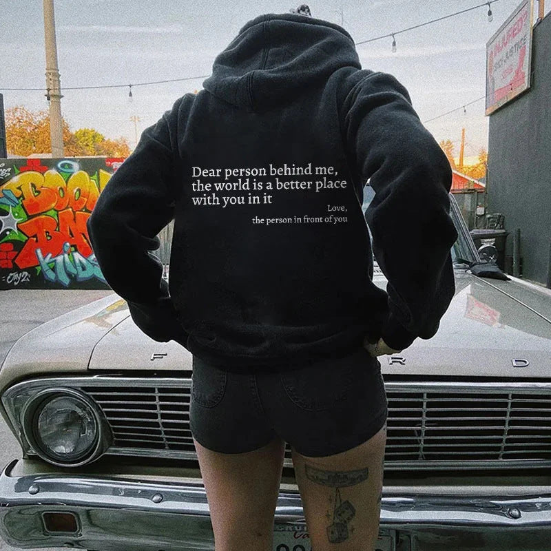 “Dear Person Behind Me” Plush Hoodie – Unisex Letter Print Pullover