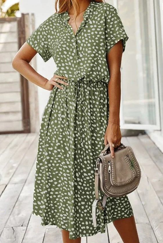 Women’s Autumn Midi Dress – Boho Short Sleeve Rust Red Outfit