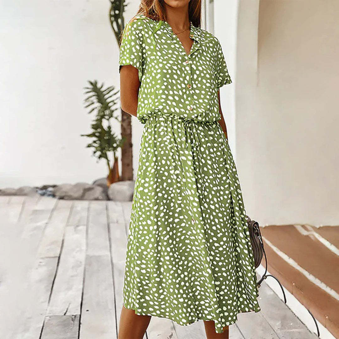 Women’s Autumn Midi Dress – Boho Short Sleeve Rust Red Outfit