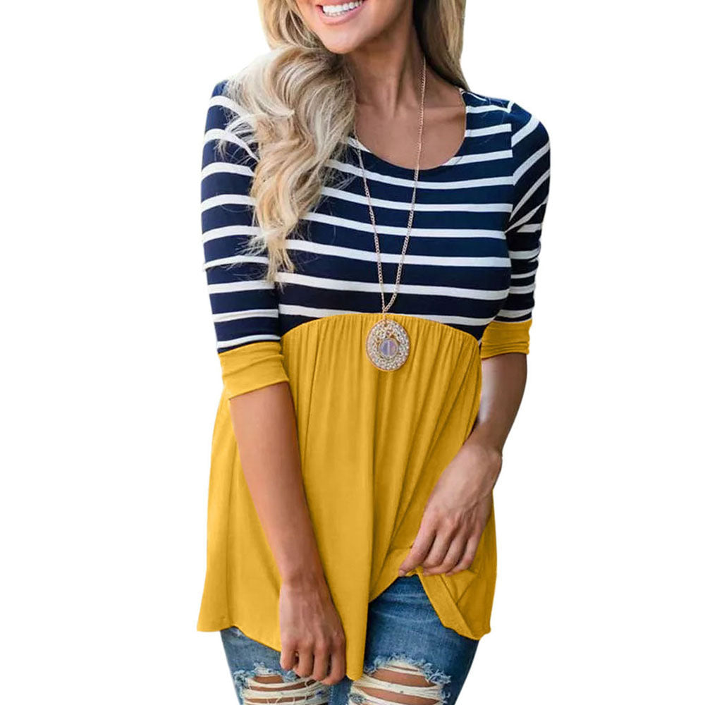 Women’s Casual Color Block T-Shirt – Loose Round Neck Pullover Top