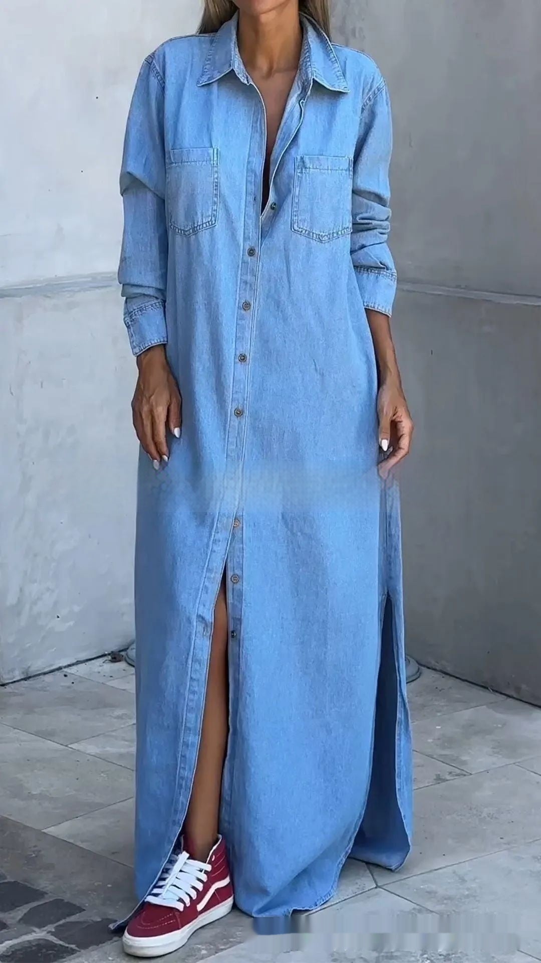Denim Maxi Shirt Dress – Long Sleeve Button Down