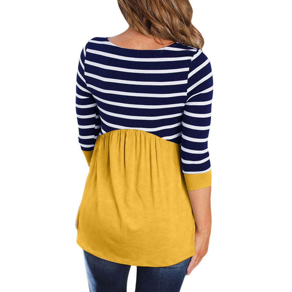 Women’s Casual Color Block T-Shirt – Loose Round Neck Pullover Top
