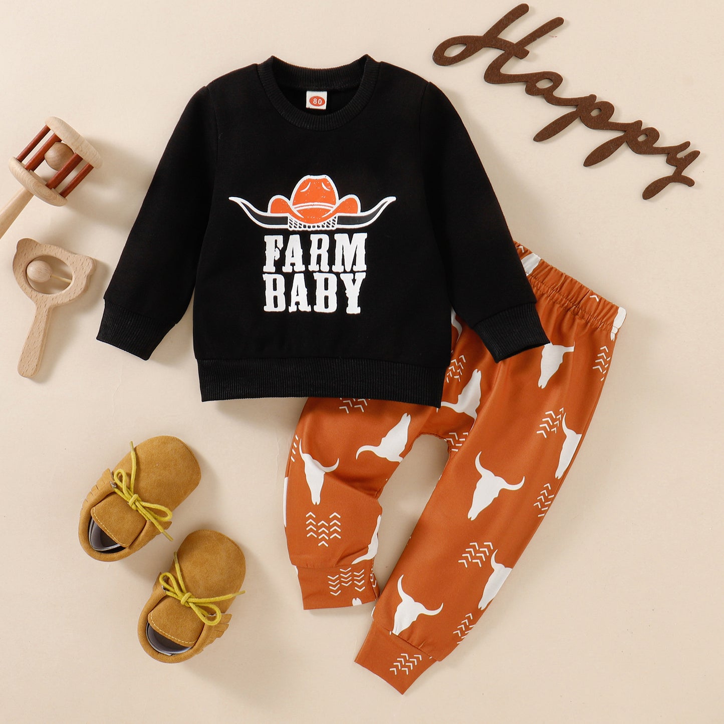 Farm Baby Outfit – Cowboy Print Sweatshirt & Bull Skull Pants 2-Piece Set