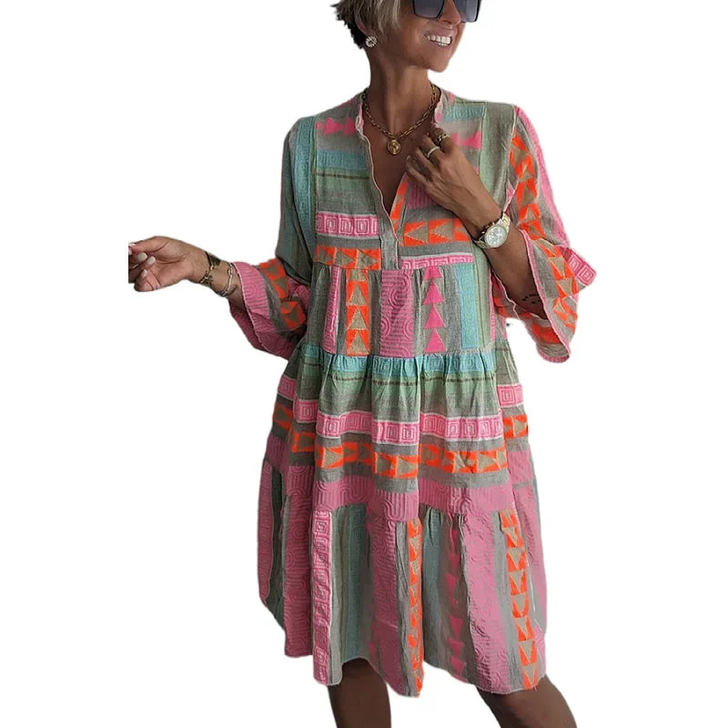 Floral Print V-Neck Dress – 3/4 Sleeve Knee-Length Pullover Casual Autumn Dress