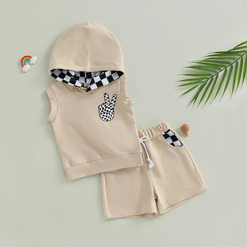 2PCS Shorts Sets Sleeveless Hooded Vest and Drawstring Shorts