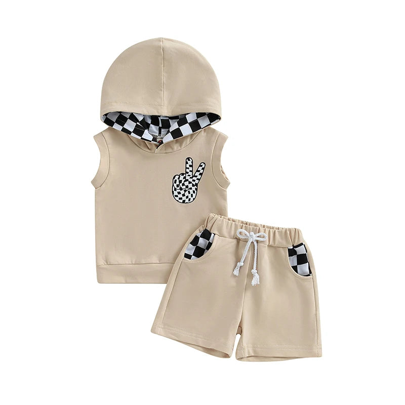 2PCS Shorts Sets Sleeveless Hooded Vest and Drawstring Shorts