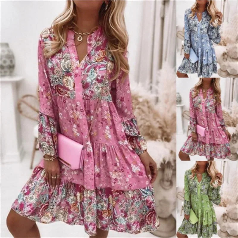 Boho Floral Print V-Neck Dress – Casual Loose A-Line Dress