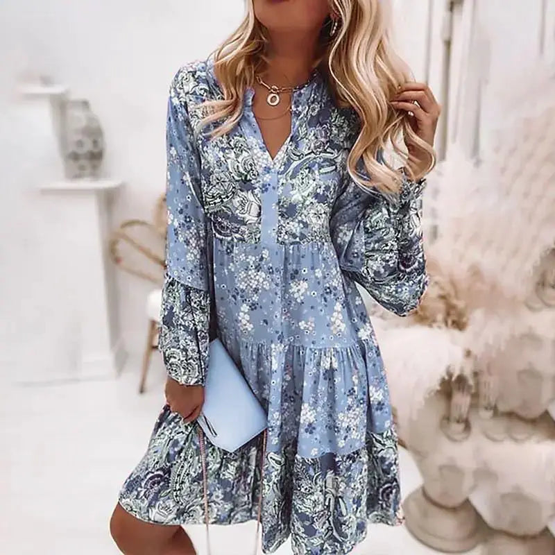 Boho Floral Print V-Neck Dress – Casual Loose A-Line Dress