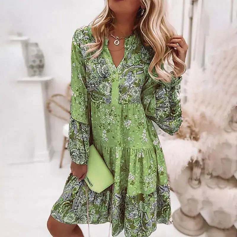 Boho Floral Print V-Neck Dress – Casual Loose A-Line Dress