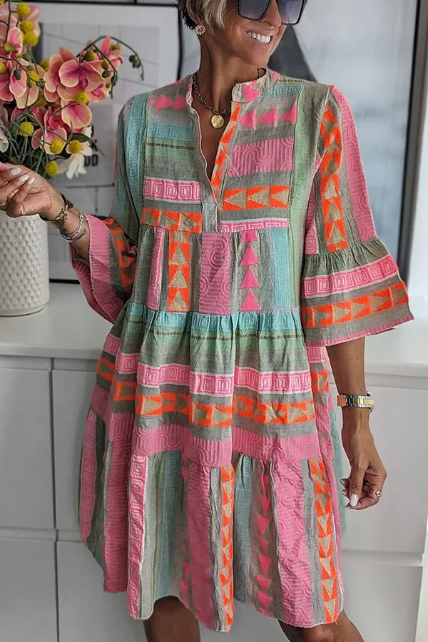 Floral Print V-Neck Dress – 3/4 Sleeve Knee-Length Pullover Casual Autumn Dress
