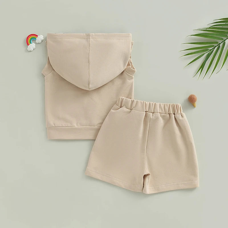 2PCS Shorts Sets Sleeveless Hooded Vest and Drawstring Shorts