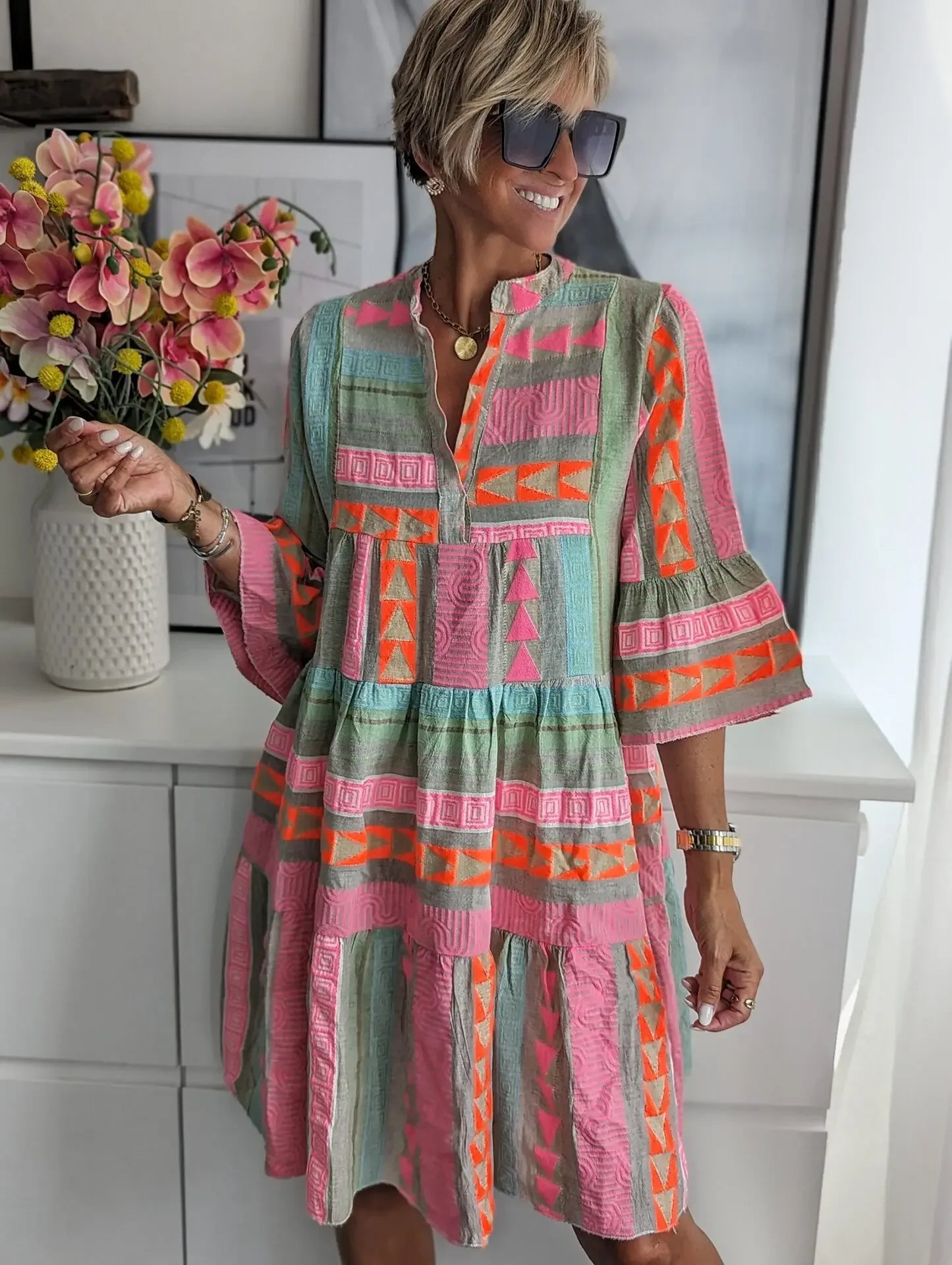 Floral Print V-Neck Dress – 3/4 Sleeve Knee-Length Pullover Casual Autumn Dress