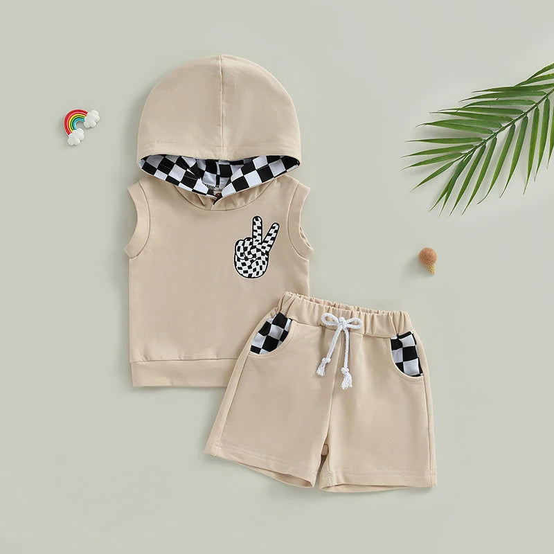 2PCS Shorts Sets Sleeveless Hooded Vest and Drawstring Shorts